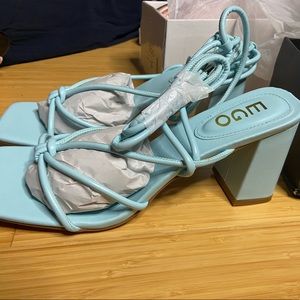 Baby blue leg wrap block heels